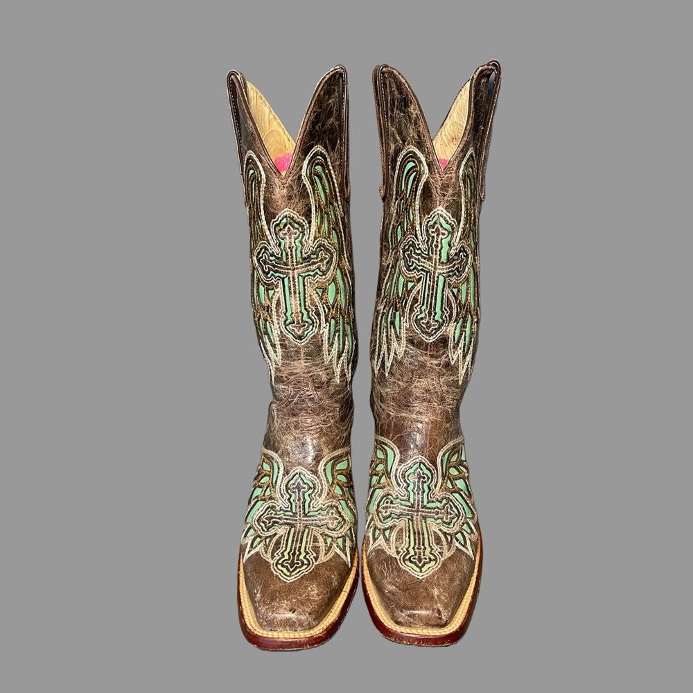 Ferrini Laser Angel Wing and Cross Leather Western Boots Size 9.5 B